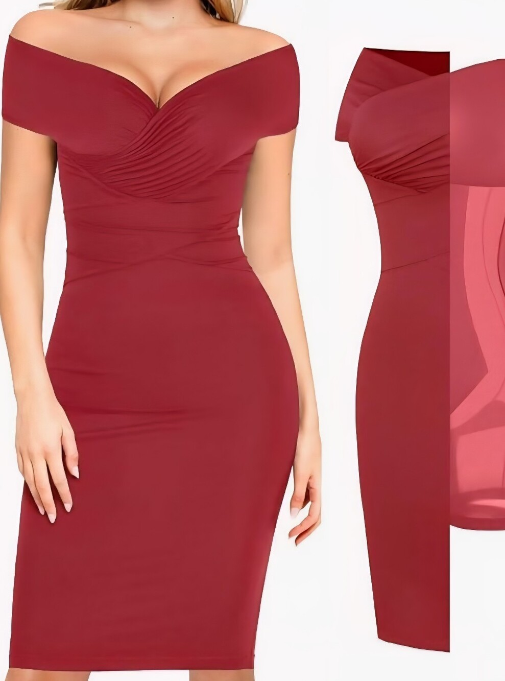 Off-Shoulder Bodycon Dress in Burgundy for Women